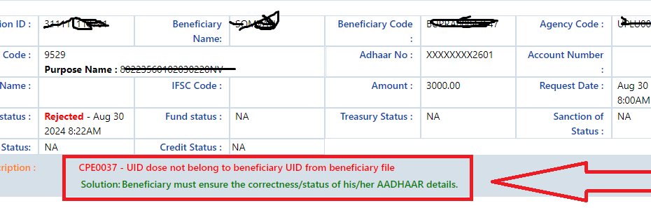 CPE0037 - UID dose not belong to beneficiary UID from beneficiary file