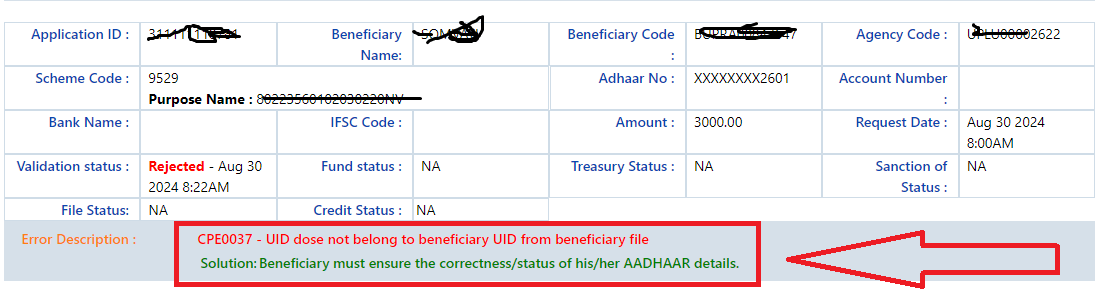 CPE0037 - UID dose not belong to beneficiary UID from beneficiary file